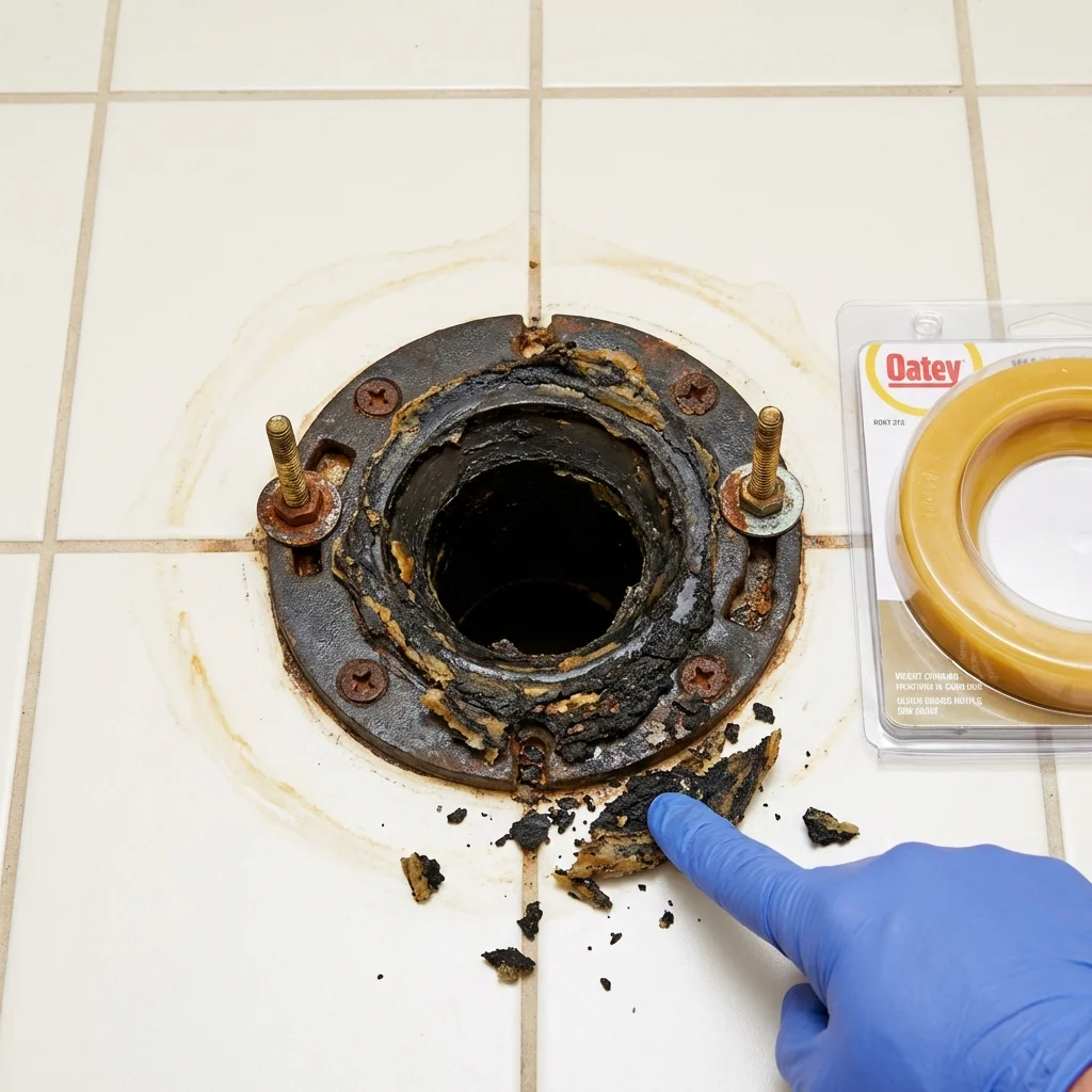 Failed wax ring showing water seepage at the base of a toilet in a Osceola, NE home