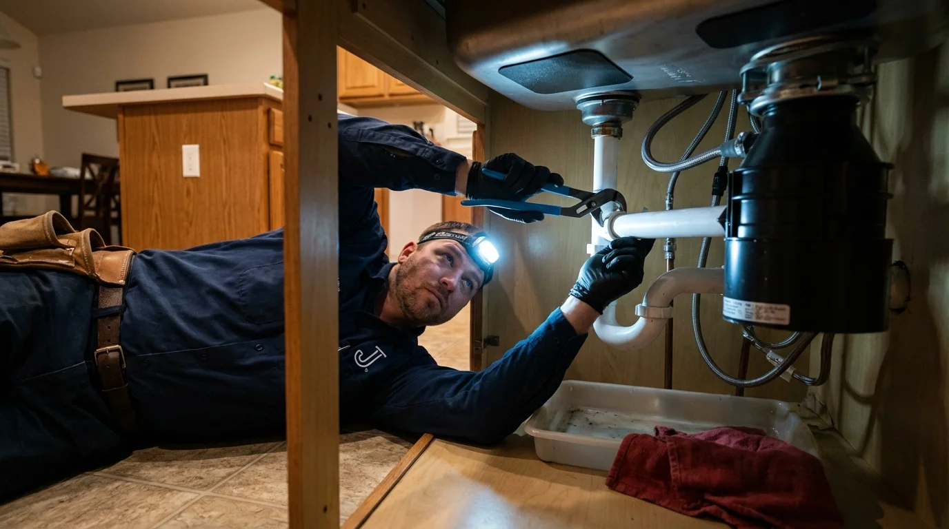 P-trap and supply line connections under a kitchen sink showing a common leak point in Osceola, NE
